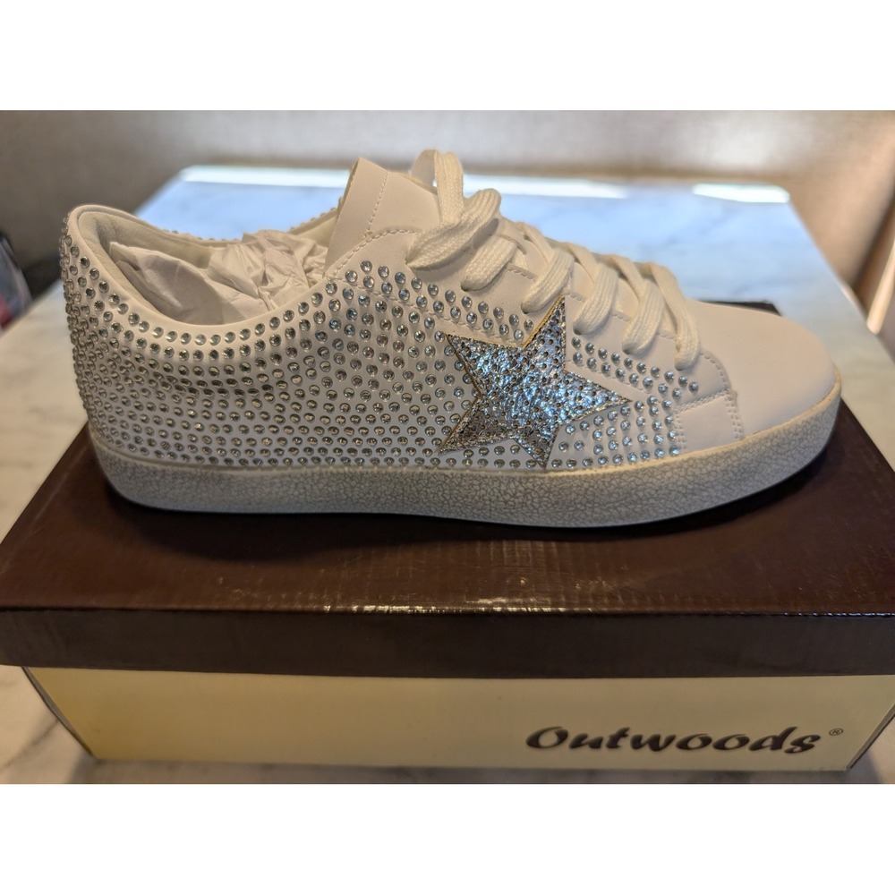 Outwoods Goddess-2 Sneakers Wo 9 White Silver New Rhinestone Glitter Star Shoes - Picture 3 of 7